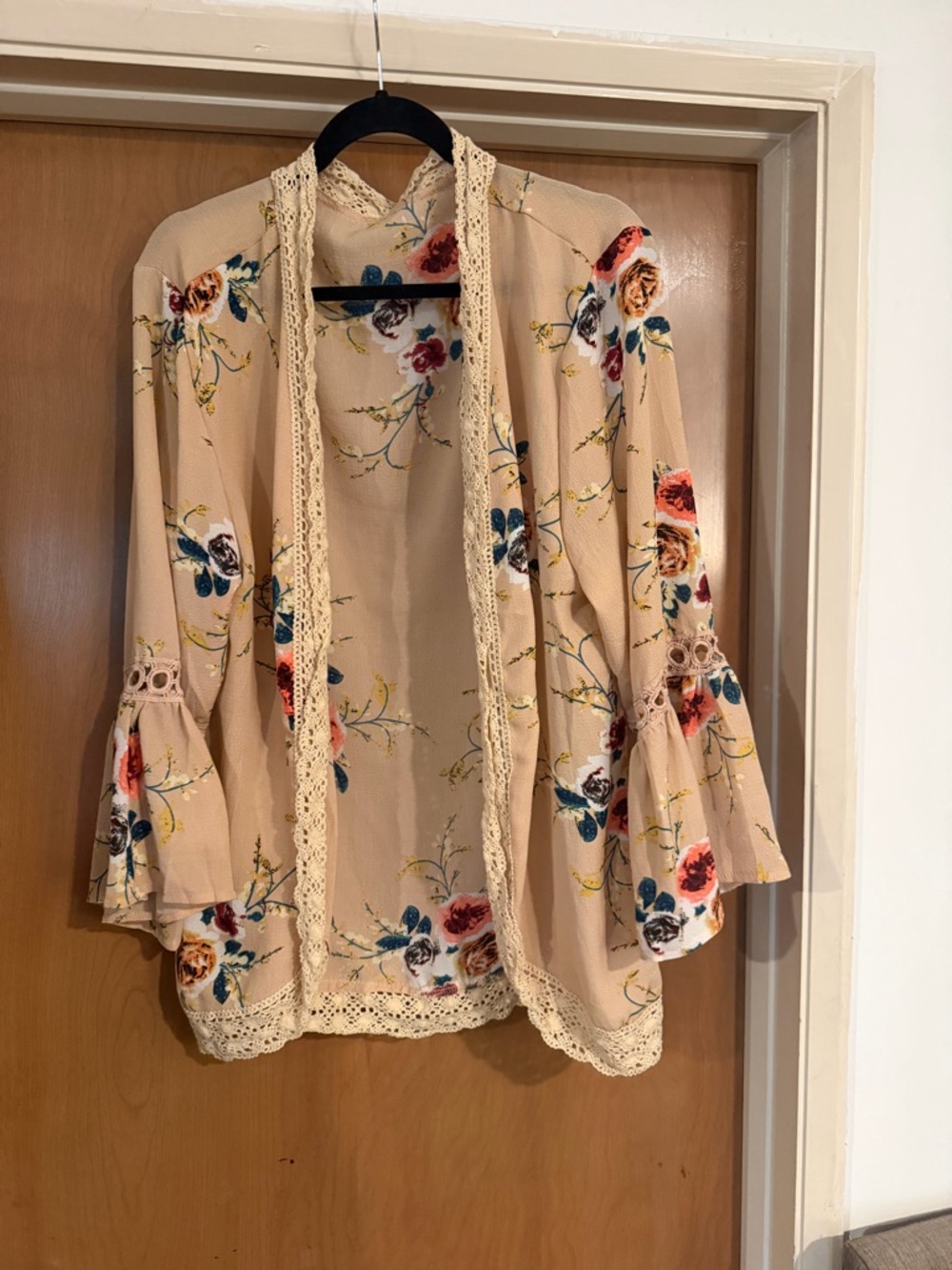 Floral Lace-Trim Open Front Tunic - Cream Floral